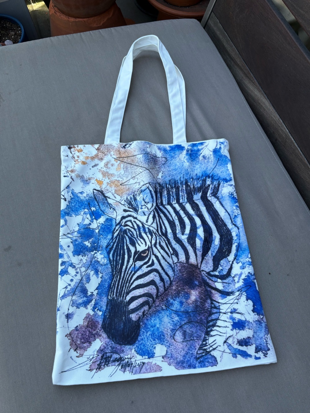Zebra Print Watercolor Tote Bag in Blue and White